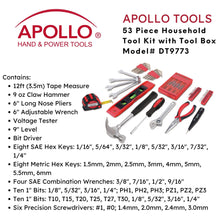 Apollo Tools 53 Piece Household Tool Kit with Tool Box - DT9773 content includes 
Tape Measure
Claw Hammer
Long Nose Pliers
Adjustable Wrench
Voltage Tester
Bit Driver
Eight SAE Hex Keys
Eight Metric Hex Keys
Four SAE Combination Wrenches
Twenty 1" Bits
Level
Precision Screwdrivers