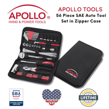 Apollo Tools 56 Piece SAE Auto Tool Set In Zipper Case - DT9774 shown with Apollo Tools logo and badges including lifetime warranty, and Veteran Owned small business certification