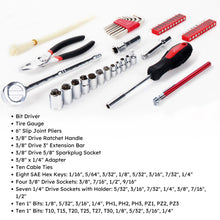 contains:  
•	Bit Driver
•	Tire Gauge
•	6" Slip Joint Pliers
•	3/8" Drive Ratchet Handle
•	3/8" Drive 3" Extension Bar
•	3/8" Drive 5/8" Sparkplug Socket
•	3/8" x 1/4" Adapter
•	Ten Cable Ties
•	Eight SAE Hex Keys
•	Four 3/8" Drive Sockets
•	Seven 1/4" Drive Sockets with Holder
•	Twenty 1" Bits: 1/8", 5/32", 3/16", 1/4", PH1, PH2, PH3, PZ1, PZ2, PZ3