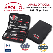 APOLLO TOOLS 56 Piece Metric Auto Tool Set In Zipper Case - DT9775 shown with Apollo Tools logo and badges including lifetime warranty, and Veteran Owned small business certification