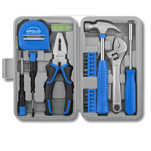 Complete Apollo Tools blue tool set with mini hammer, pliers, measuring tape, screwdrivers and wrench in organized book-size carrying case