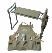 garden apron, kneeler and pouch, rake, pruner, trowel