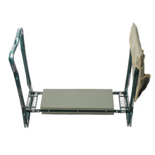 garden kneeler and pouch, rake, pruner, trowel open to kneeling position