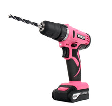 Apollo Tools 10.8 Volt Lithium-Ion Cordless Drill with 30 Piece Accessory Set PINK - DT4937P shows product with drill bit inserted and worklight on