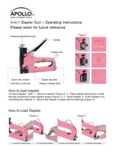 Pink Stapler with Power Adjustment Knob and 3000 Staples assortment-- DT5020P shows product features and how to load staples.  Contact us at support@apollotools.com for an ADA compliant version of the user's manual