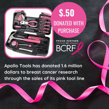 Apollo Tools 39 Piece General Tool Set Pink - DT9706P (pink) Apollo Tools has donated over 1.6 million dollars to breast cancer research through the sale of the pink tool line.  $.50 donated with purchase of this pink 39 piece tool set