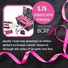 Apollo Tools 53 Piece Household Tool Kit with Tool Box Pink- DT9773P Apollo Tools has donated over 1.6 million dollars to breast cancer reaearch through the sale of its pink tool line.  $0.75 donated with each sale of this product