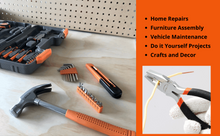 all in one orange tool set, orange tool kit for home repairs, maintenance tool set, do it yourself tool kit