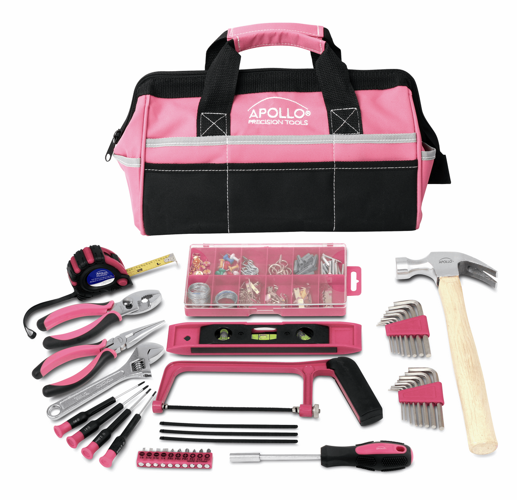 pink tool bag with tools