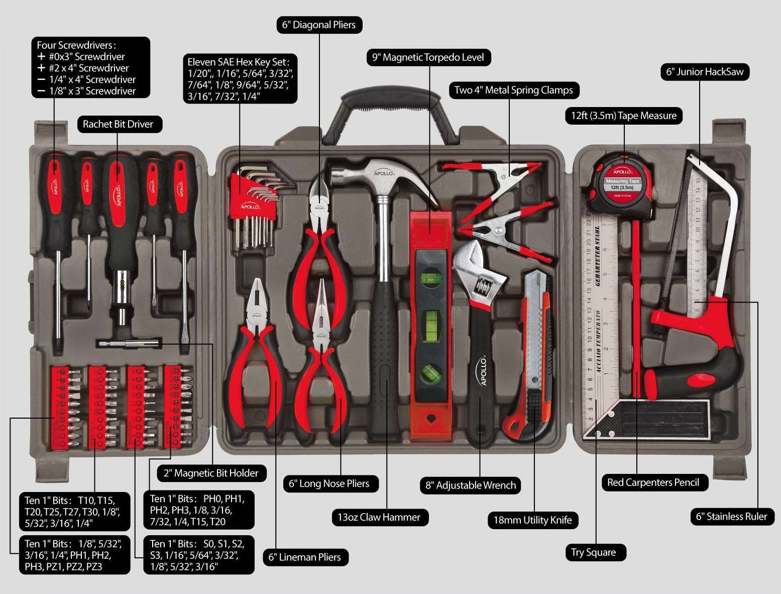 71 Piece Household Tool Kit in case – Apollo Tools
