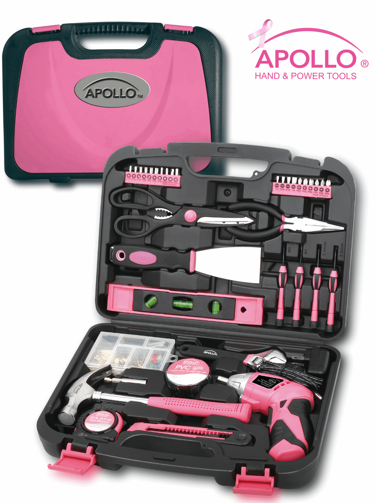 Pink Powderstool Pink Household Tool Set with pink Carrying Case and Powerful Cordless ...