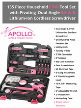 Pink tool set with cordless screwdriver, pink tool kit with rechargeable screwdriver, powerful pink screwgun tooset donation to breast cancer