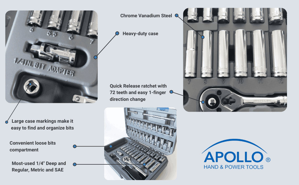 APOLLO TOOLS DT000450 Piece ¼” Drive Socket Set Apollo Tools