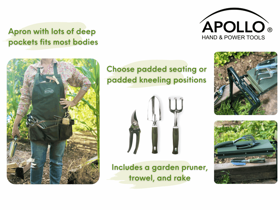 apollo garden tool set garden tool set includes apron, trowel, rake, pruner, padded kneeler – Apollo Tools