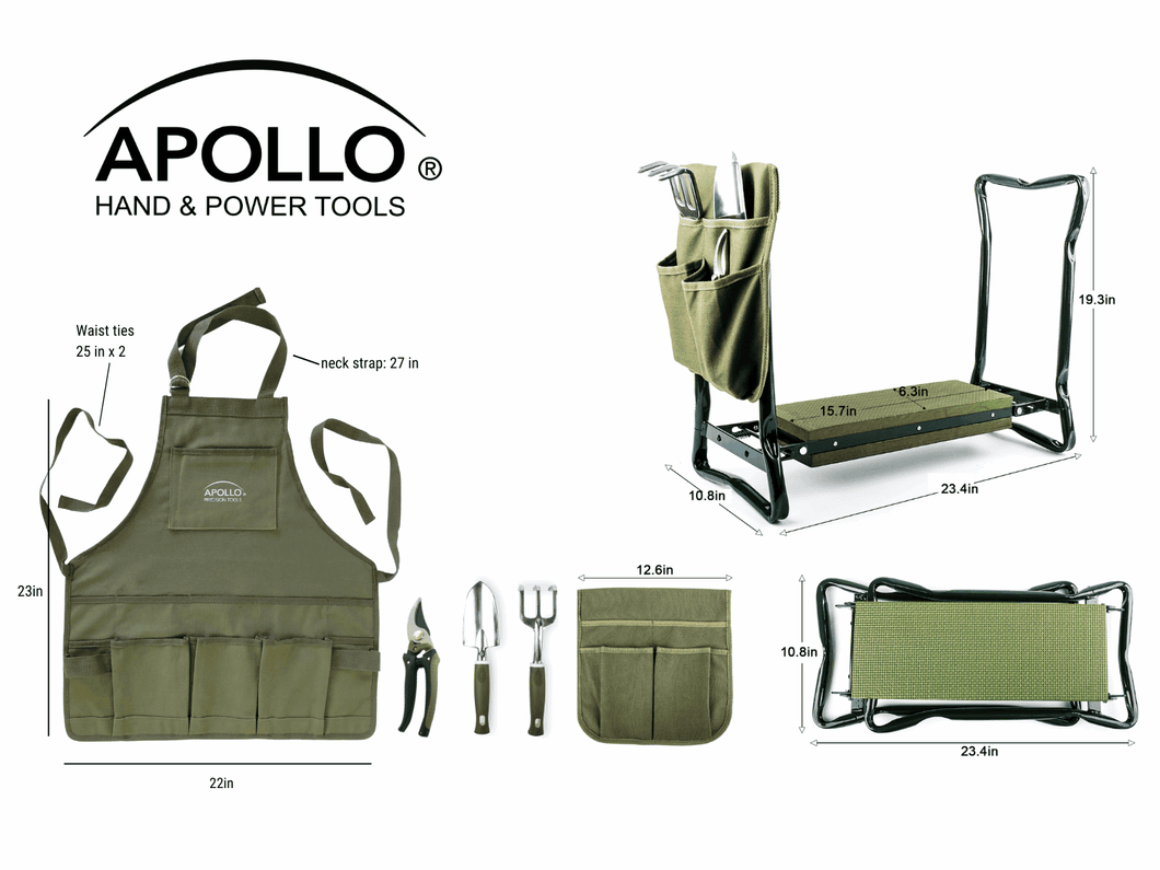 apollo garden tool set garden tool set includes apron, trowel, rake, pruner, padded kneeler – Apollo Tools