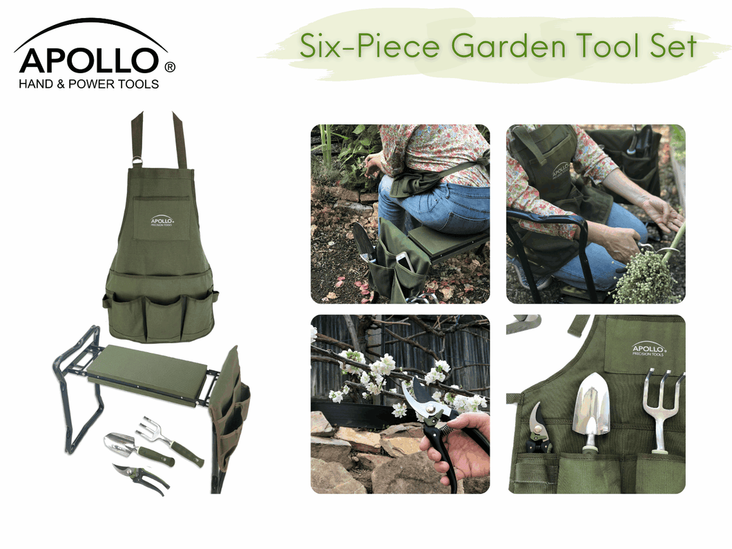 apollo garden tool set garden tool set includes apron, trowel, rake, pruner, padded kneeler – Apollo Tools