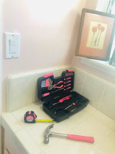 pink hammer, pink tools, pink tape mesure, pink utility knife, pink wrench for do it yourself household repairs