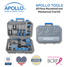 65 Piece Household and Mechanical Tool Set -- DT0001 open case with all tools showing and  badges: lifetime warranty, veteran-owned small business certification and proud partner of the Breast Cancer Research Foundation