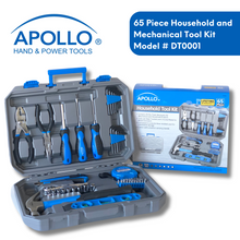 Apollo Tools 65 piece thousehold and mechanical tool set with socket set: model DT0001 blue shows model open with tools showing and outer packaging