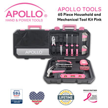 Apollo Tools 65 Piece Household and Mechanical Tool Set  model DT0001P shown open and closed with veteran owned, lifetime warranty and proud partner of the breast cancer research foundation 