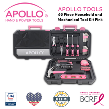 Apollo Tools 65 Piece Household and Mechanical Tool Set  shown open and closed with veteran owned, lifetime warranty and poud partner of the breast cancer research foundation badges