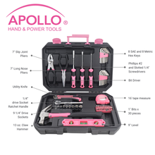 Apollo Tools 65 Piece Household and Mechanical Tool Set Contains: 

7” Long Nose Pliers

7” Slip Joint Pliers

16' Tape Measure

Utility Knife

9” Level

13 oz. Claw Hammer

 1/4” Dr. Socket Ratchet Handle

Nine 1/4” Dr. Sockets: 3/16”, 1/4”, 9/32”, 5/16”, 11/32”, 3/8”, 7/16”, 15/32”, 1/2"

Eight SAE Hex Keys: 1/16", 5/64", 3/32", 1/8", 5/32", 3/16", 7/32", 1/4"

Eight Metric Hex Keys: 1.5mm, 2mm, 2.5mm, 3mm, 4mm, 5mm, 5.5mm, 6mm

Bit Driver

Slotted 1/4” Screwdriver

Phillips #2 Screwdriver

Thirty 1" Bits