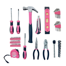 Apollo Tools 65 Piece Household and Mechanical Tool Set content images: 2 screwdrivers, 1 hammer 1 utility knife, 1 level, 2 sets of hex keys. bits, tape measure, bit driver, pliers set, socket ratchet handle and sockets