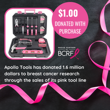 Apollo Tools 65 Piece Household and Mechanical Tool Set, we donate $1 to breast cancer research foundation with sales of this tool set.  1.6 million donated so far