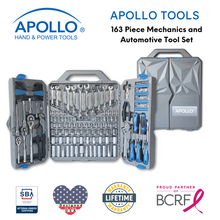 Apollo Tools 163 Piece Mechanics Tool Kit -- DT0002 shown open and closed with badges for veteran owned small business, lifetime warranty and partnership with the breast cancer research foundation