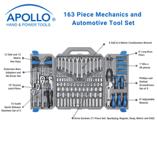 call outs include - 1/4" 72-tooth Quick-Release Ratchet

- 3" x 1/4" Dr. Extension Bar

- Eleven 1/4" Dr. 6-pt. Metric Sockets: 4mm, 5mm, 5.5mm, 6mm, 7mm, 8mm, 9mm, 10mm, 11mm, 12mm, 13mm

- Eleven 1/4" Dr. 6-Pt. SAE Sockets: 5/32", 3/16", 7/32", 1/4", 9/32", 5/16", 11/32", 3/8", 7/16", 1/2", 9/16"

- 3/8" 72-tooth Quick-Release Ratchet

- 3" x 3/8" Dr. Extension Bar

- 6" x 3/8" Dr. Extension Bar

- 3/8" x 1/4" Adapter

- Two 3/8" Dr. Spark Plug Sockets: 5/8", 13/16"

- Eleven 3/8" Dr. 12-pt.SAE Sockets: 9