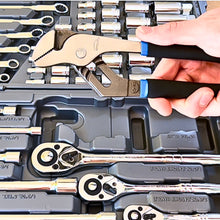 APOLLO TOOLS detail of product DT0002 mechanics tool set shows hand holding wrench