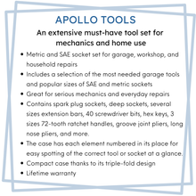 Apollo Tools 163 Piece Mechanics Tool Kit features include: Metric and SAE socket set for garage, workshop, and household repairs 
Includes a selection of the most needed garage tools and popular sizes of SAE and metric sockets
Great for serious mechanics and everyday repairs
Contains spark plug sockets, deep sockets, several sizes extension bars, 40 screwdriver bits, hex keys, 3 sizes 72-tooth ratchet handles, groove joint pliers, long nose pliers, and more.
The case has each element numbered in its place 