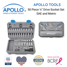 Apollo Tools 50 Piece ¼” Drive Socket Set 
SAE and Metric show open and closed case and badges veteran-owned small business, Lifetime warranty, Proud partner of the breast cancer research foundation