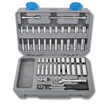 Apollo Tools 50 Piece ¼” Drive Socket Set 
SAE and Metric set shown open against white background