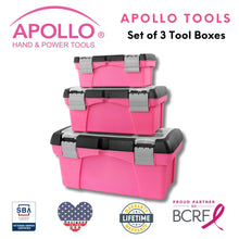 APOLLO TOOLS 3 Piece Tool Box - Pink - DT5005P shown with Apollo Tools logo and badges including lifetime warranty, proud partner of the Breast Cancer Research Foundation, and Veteran Owned small business certification