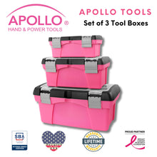 APOLLO TOOLS 3 Piece Tool Box - Pink - DT5005P shown with Apollo Tools logo and badges including lifetime warranty, proud partner of the Breast Cancer Research Foundation, and Veteran Owned small business certification