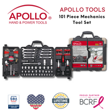 Apollo Tools 101 Piece Mechanics Tool Set SAE & Metric Tool Set and badges Veteran owned small business, Lifetime warranty, and Breast cancer research partnership