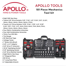 contains 8 SAE Hex Keys
12  3/8" Drive Sockets: 3/8", 7/16", 1/2", 9/16", 5/8", 11/16", 12mm, 13mm, 14mm, 15mm, 16mm, 17mm
20 1/4" Drive Sockets: 5/32", 3/16", 7/32", 1/4", 9/32" 5/16", 3/8", 7/16", 1/2", 4mm, 5mm, 6mm, 7mm, 8mm, 9mm, 10mm, 11mm, 12mm, 13mm, 14mm
4 Metric Combination Wrenches
4 SAE Combination Wrenches
Thirty-Two CRV Bits
Tire Gauge
30' Electrical Tape
Voltage Tester
7" Brass Wire Brush
3/8" x 1/4" Adaptor
3/8" Drive 3" Extension
13/16" Sparkplug Socket
5/8" Sparkplug Socket and more