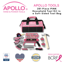 APOLLO TOOLS 201 Piece Household Tool Kit in a Soft-Sided Tool Bag Pink shows tool set and all tools with badges :Veteran-owned small business, Lifetime warranty, Breast cancer research partnership