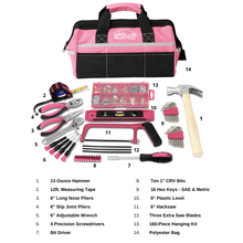 APOLLO TOOLS 201 Piece Household Tool Kit in a Soft-Sided Tool Bag Pink shows all tools and bag: Contains:

13 Ounce Wooden Handle Hammer
12ft. Measuring Tape
6" Long Nose Pliers
6" Slip Joint Pliers
6" Adjustable Wrench
4 Precision Screwdrivers
Bit Driver
Ten 1" CRV Bits
16 Hex Keys - SAE & Metric
9" Plastic Level
6" Hacksaw
Three Extra Saw Blades
160 Piece Picture Hanging Assortment
Polyester Bag