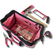 Apollo Tools 201 Piece Household Tool Kit in a Soft-Sided Tool Bag Pink - DT0020P shows open bags and tools inside and outside the bag