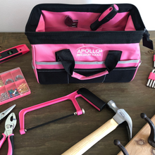 APOLLO TOOLS 201 Piece Household Tool Kit in a Soft-Sided Tool Bag Pink lifestyle images open bag with some tools showing