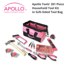 APOLLO TOOLS 201 Piece Household Tool Kit in a Soft-Sided Tool Bag Pink shows bag open and all tools
