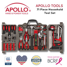 Apollo Tools 71 Piece Household Tool Kit - DT0204 shows badges for Vetran owned small business, lifetime warranty and breast cancer research foundation partnership