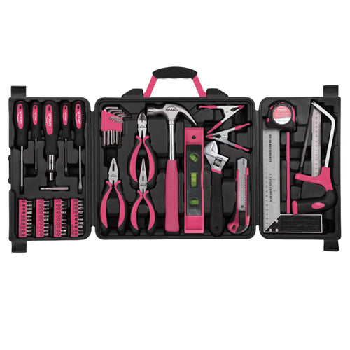 Apollo Tools 71 Piece Household Tool Kit Pink -model  DT0204P shown open case with tools