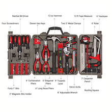 Apollo Tools 71 Piece Household Tool Kit - DT0204 content includes: Contains:

2" Magnetic Bits Holder
12 ft Tape Measure
Two 3" Metal Clamps
6" Hacksaw
6" Combination Pliers
6" Long Nose Pliers
6" Side Cutting Pliers
6" Stainless Steel Ruler
7" Carpenter Pencil
9" Torpedo Level
8" Adjustable Wrench
13 oz Hammer
Roofing Square
Ratchet Bit Driver
Four Screwdrivers
18mm Knife
Eleven Hex Keys
Forty 1" Bits