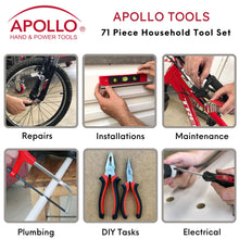 Apollo Tools 71 Piece Household Tool Kit - DT0204 for repairs, installations, maintenance, plumbing, DYI tasks, electrical shows images of the tools in use