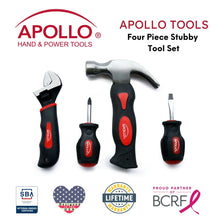 Apollo Tools Four Piece Stubby Tool Set - DT0240Shows tools and badges including Veteran-owned small business, Lifetime warranty, partnership with the Breast Cancer Research Foundation