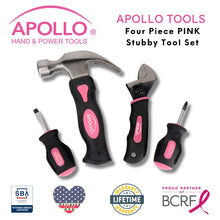 Four Piece Stubby Tool Set - Pink- DT0240P Shows tools and badges including Veteran-owned small business, Lifetime warranty, partnership with the Breast Cancer Research Foundation