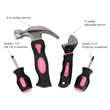 Four Piece Stubby Tool Set - Pink- DT0240P shows  6” stubby adjustable wrench, Stubby Phillips and flat head, stubby hammer